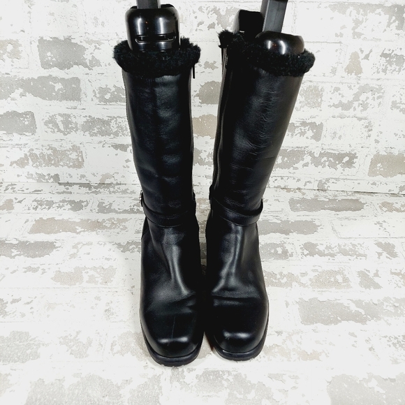 Boutique Black Leather Fur Trim Buckle Ankle Strap Block Heel Winter Boots D357 - Picture 7 of 13